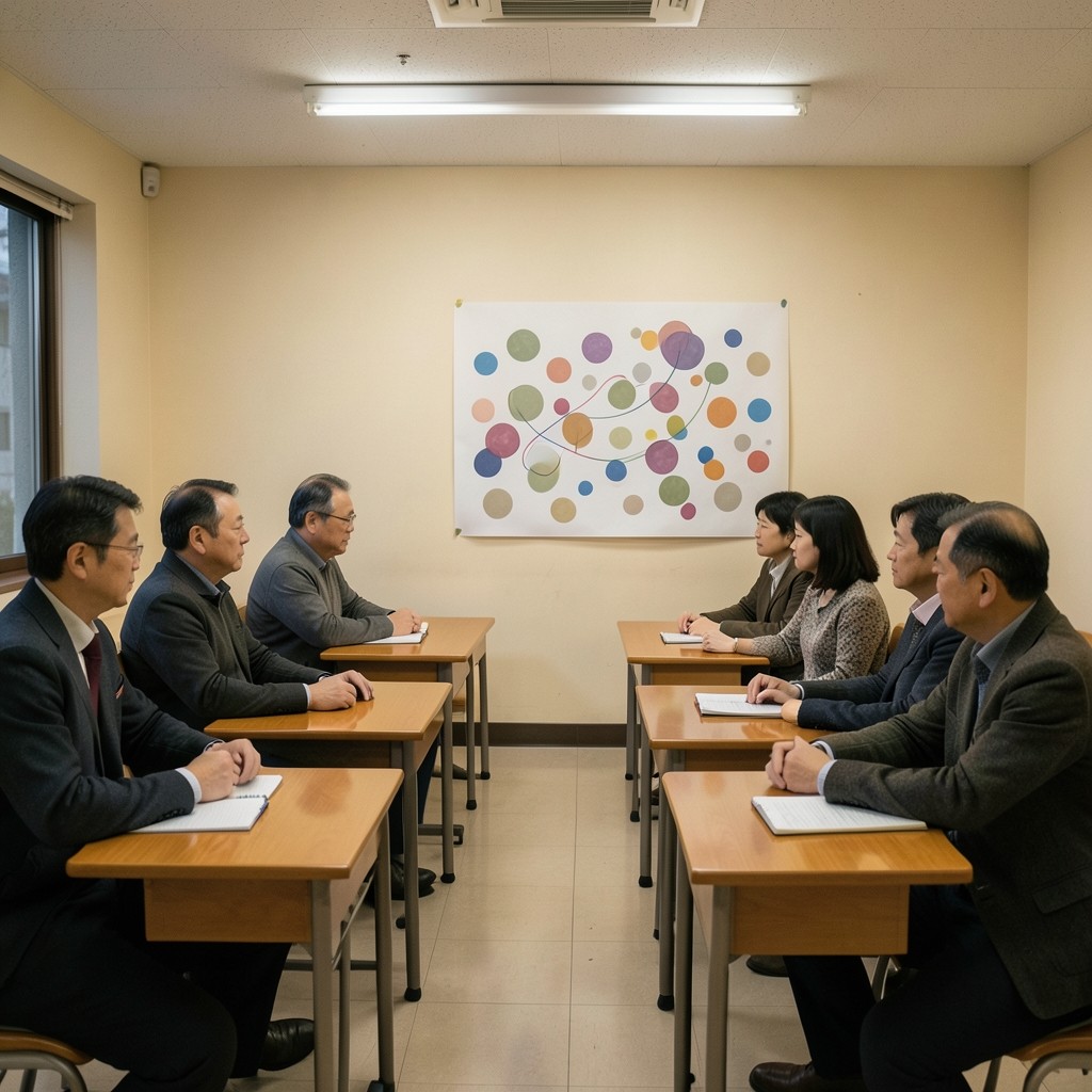 마주 보는 책상에 앉아 노트를 펼친 저녁 수업의 성인 수강생들