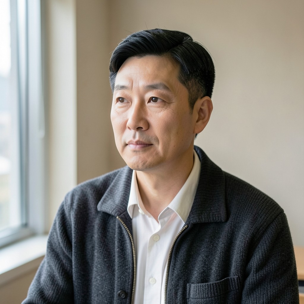 짧은 머리의 40대 강사가 강의실 창가에 서 있는 상반신 초상